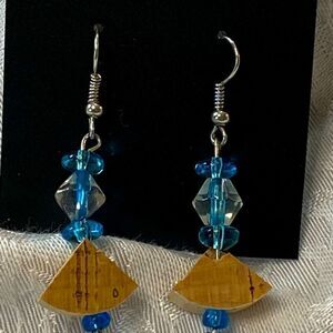 NWOT handmade cork dangle earrings sky blue beads pretty Upcycled